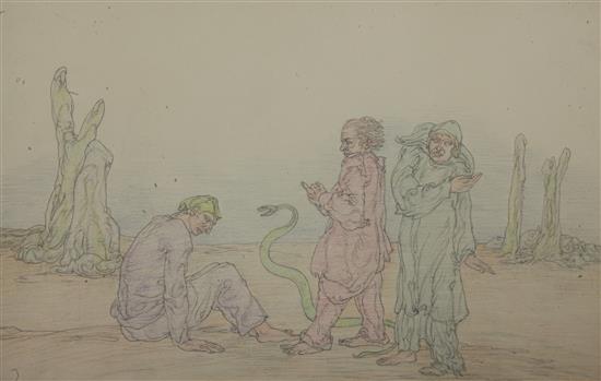 § Austin Osman Spare (1888-1956) Three robed figures and a serpent in a desolate landscape 8 x 13in. unframed